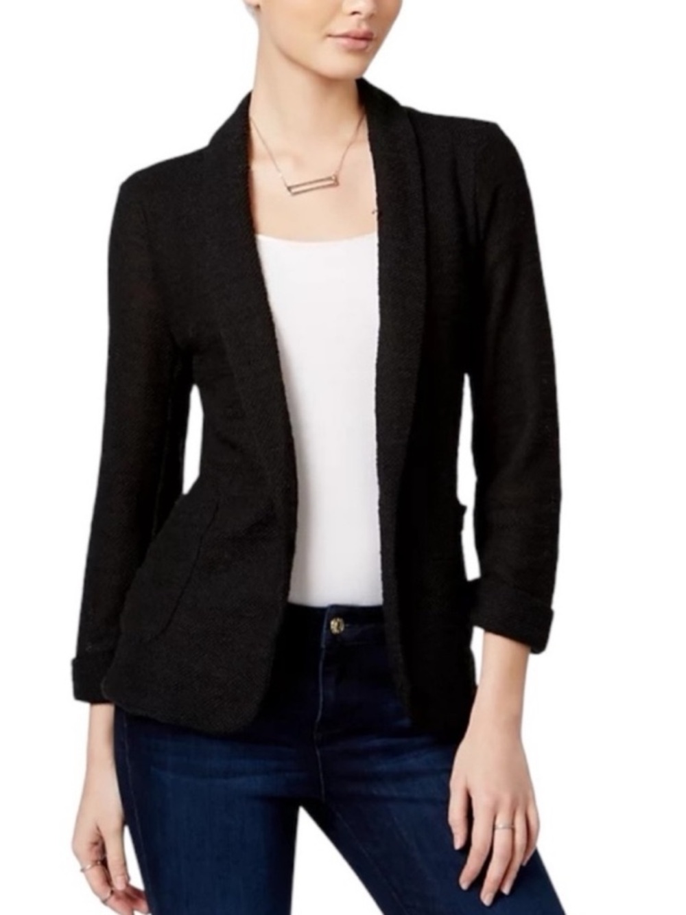 Maison Jules Black 3/4 Sleeve Open Front Knit Blazer Jacket Size Medium